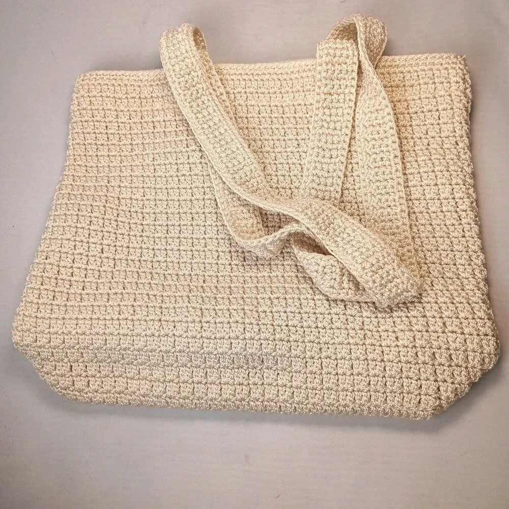 The Sak Crocheted Knit Medium‎ Tote Shoulder Bag Purse Natural Tan Boho 12.5x11